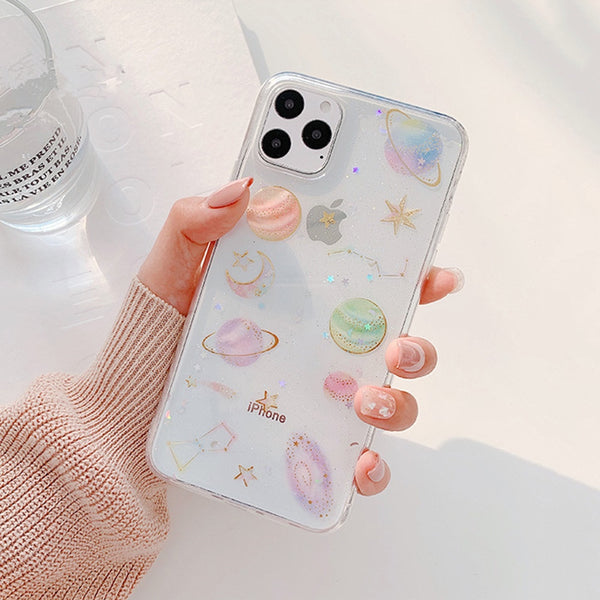 Clear Glitter Planet iPhone Case
