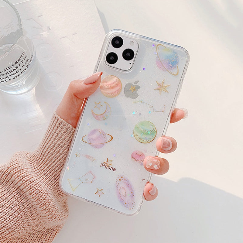 Clear Glitter Planet iPhone Case